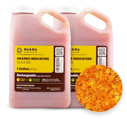 "Dry & Dry" [16 LBS] Premium Orange Indicating Silica Gel Desiccant Beads(Industry Standard 3-5 mm) - Rechargeable Silica Beads(2 Gallon)