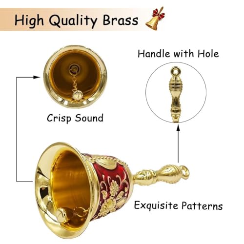 Hourwof Hand Call Bells,Brass Dinner Bell Service Bell Wedding Bells Pet Training Bell Jingle Bell Christmas Bells, Golden Red