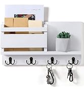 White Key Holder Wall Mount Mail Shelf Decor with 3 Key Hooks Versatile Wood Wall Organizer for Entryway Hallway (8.2” x