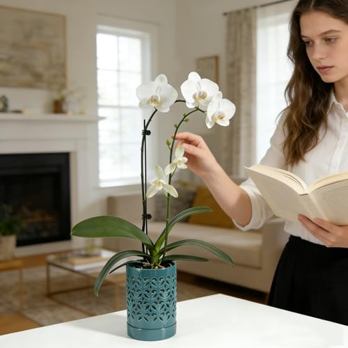 pavtner Ceramic Orchid Pot 4 Inch, Orchid Pots with Holes, Plant Pot for Repotting, Flower Planter Pot Indoor Outdoor, Green Chirstmas Gift for Women. by pavtner - Image 8