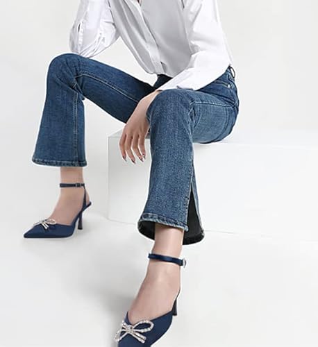 Coutgo Womens Rhinestone Bow Heels Pumps Kitten Heel Pointed Toe Slingback Wedding Dress Shoes Navy #TOP2