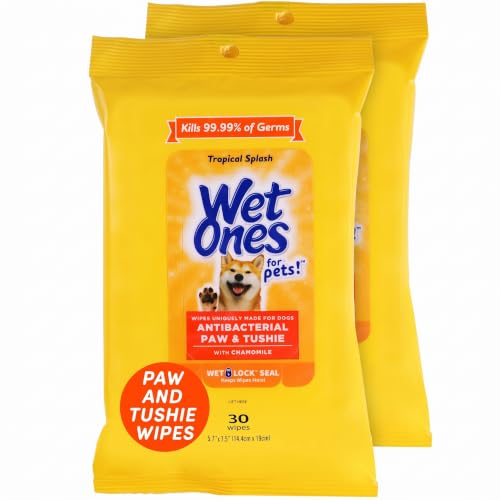 Wet Ones Dog Wipes, Pack of 2, 30 Count Total | Paw &amp; Tushie | Tropical Splash Scent | Wet Lock Seal Pouch | With Chamomile