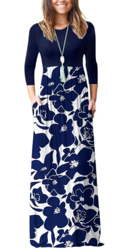 Image of WNEEDU Women's 3 /4 Sleeve Casual Loose Long Maxi Dresses with Pocket