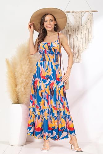 Image of GRACE KARIN Summer Dresses for Women 2026 Vacation,Smocked Floral Maxi Dress,Boho Beach Sundress with Pocket Fashion Clothing