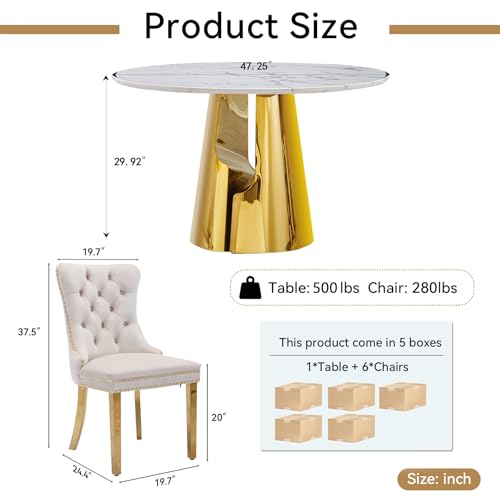 Image of 7-Piece Round Dining Table Set for 6, Modern Faux Marble Kitchen Table and Beige Velvet Chairs Set of 6, Luxury 45 inch Circle White Gold Dining Room Tables with Stainless Steel Base