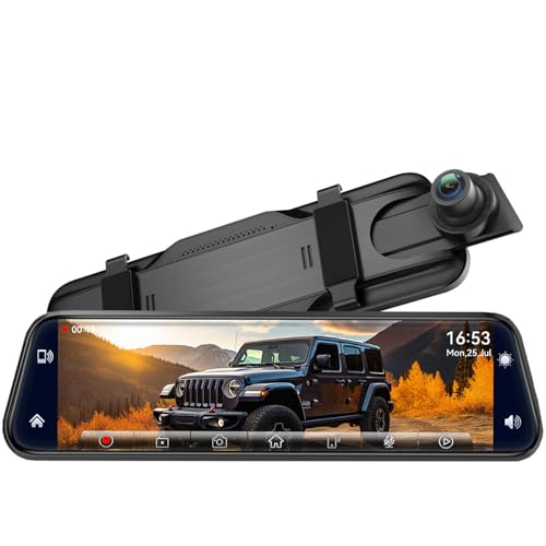 2.5K Mirror Dash Cam with Carplay&Android Auto 10 Rear View Mirror Camera for Cars/Trucks with Voice Control/ 64GB Card/Touch Screen/Parking Monitor/Reverse Assist/Dual Loop Record/WDR Tech