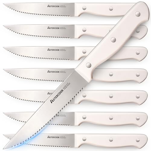 Astercook Steak Knives, Steak Knives Set of 8, High Carbon Stainless Steel Steak Knife Set with Full Tang Handle, Dishwasher Safe Serrated Knife, Elegant Cream White Mothers Day Gifts