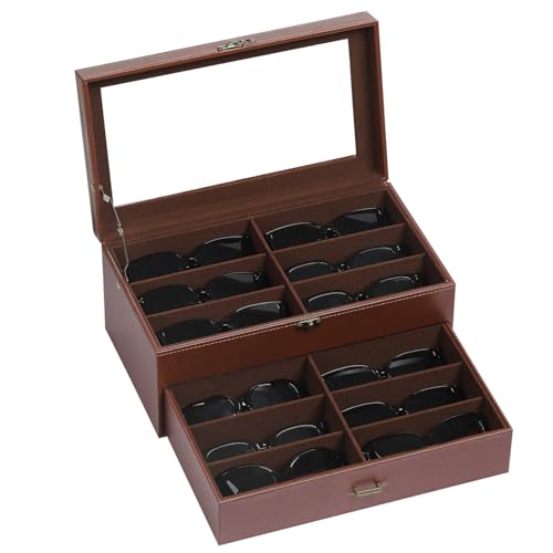AUTOARK Leather & Velvet Clear Lid 12 Piece Eyeglasses Storage and Sunglass Glasses Display Drawer Lockable Case Organizer,Coffee,AW-164
