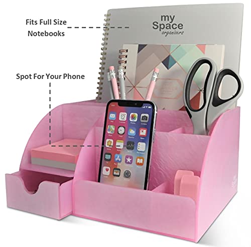 Pink Desk Organizer Office, Acrylic, with Drawer, 9 Compartments, All in One Office Supplies and Cool Desk Accessories Organizer, Pen Holder, Office Decor Desktop (Pink)