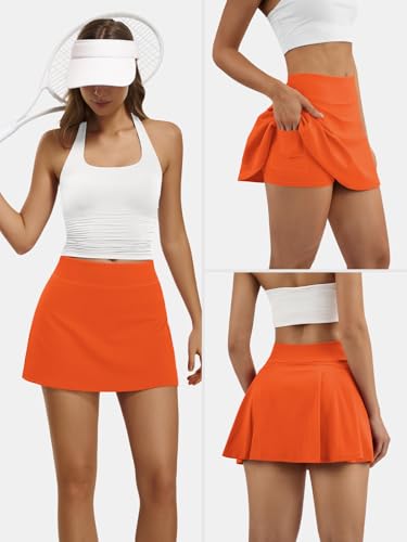 AFFOLE Orange Skirt Women Tennis Golf Skorts Athletic High Waisted with Pockets Inner Shorts Workout Pleated Pickleball — view 4