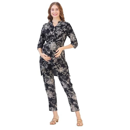 Image of AV2 Women Cotton Maternity|Nursing|Feeding Printed Tunic & Bottom Coord Set Black Small 2426