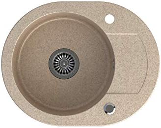 VBChome Granitspüle Mit Armatur – 56x44 Cm Einzelbecken, Beige, Inkl. Siphon