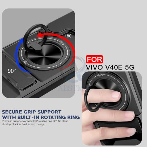 Image of AESTMO VIvo V40E 5G Back Cover | Armor Camera Slider 360 Degree Rotating Finger Ring Holder Case with Bracket Stand Back Case Cover (Compatible with MagSafe Accessories) (Black)