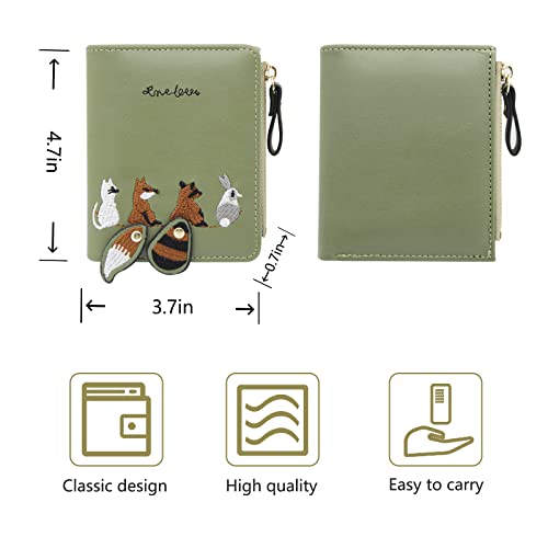 Womens Wallet, Leather Purse Credit Card Holder with with Embroidered Animal Pattern, Portable and Small Wallets for Women with Zipper Pocket (green)2