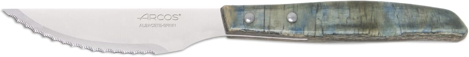 Arcos Table Knives - Steak Knives Set 6 pieces - Blade Nitrum Stainless Steel 4" / 110 mm - Serrated Edge - Compressed Wood Handle - Blue Color