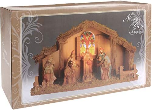Carousel Home and Gifts Light Up LED Freestanding Christmas Nativity Set Scene Crib Stable With Figures