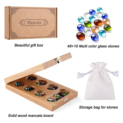 Ceebyfa Mancala Board Game For Kids, Adults & Family. Includes Folding Rubber Wood Board, 48+10 Colorful Mancala Stones & Instruction. Classic & Portable Marble Game For Travel.(Natural Color) #TOP5