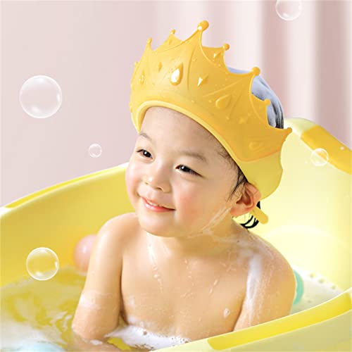 Image of Baby Shower Cap - Adjustable Shampoo Cap for Toddlers 6M-9T, Bath Visor for Kids with Crown Design, Waterproof Hair Washing Shield for Eye & Ear Protection (Yellow)