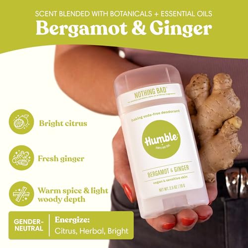 Image of Humble Aluminum-Free Deodorant, Bergamot & Ginger - 1 Pack | Baking Soda-Free, Clean, Fresh, Natural, Essential Oils, Sensitive Skin, Long-Lasting Odor Control, Cruelty-Free, Men & Women