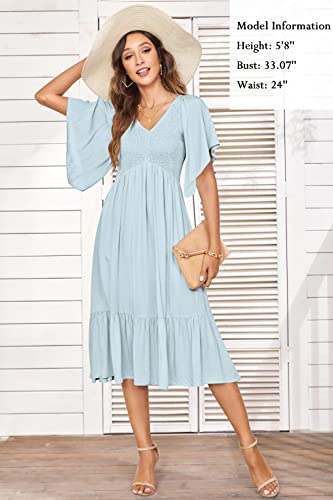 Pygfemr Women's 2023 Summer Dresses Empire Waist Smocked Flutter Short Sleeve V Neck Midi Dresses Water Blue Large #TOP1