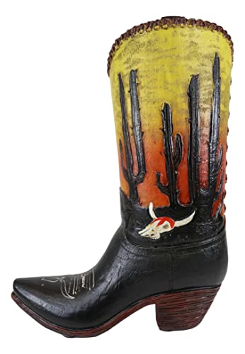 Ebros Gift Rustic Western Faux Tooled Leather Cowboy Cowgirl Boot with Sunrise Dawn Desert Cactus and Cow Skull Decorative Figurine Or Floral Vase Planter Table Countertop Accent