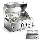 Large Charcoal BBQ Grills, Built in Barbecue Grill with Liftable Tray, Insulated Hood & Temp Gauge, Silver Stainless Steel BBQ Barrel Grill for Outdoor Kitchen Cooking Family Parties Patio Park Style