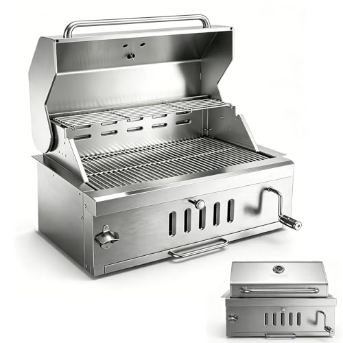 Large Charcoal BBQ Grills, Built in Barbecue Grill with Liftable Tray, Insulated Hood & Temp Gauge, Silver Stainless Steel BBQ Barrel Grill for Outdoor Kitchen Cooking Family Parties Patio Park Style