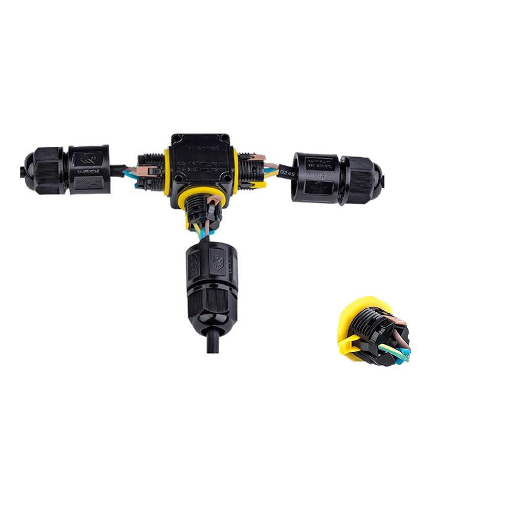 2pcs 3Pin Screwless IP68 Waterproof Junction Box Outdoor T-Shape 1IN2OUTS 3 Way Wire Range 4-8mm 6-11mm Electrical Quick Release Cable Connector Suitable for Outdoor Repair Extend Power Cable