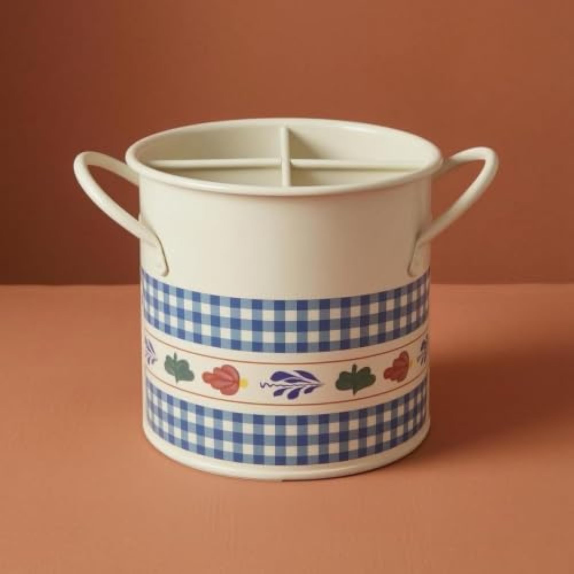 Cylindrical Four-Compartment Cream-Colored Metal Storage Cup