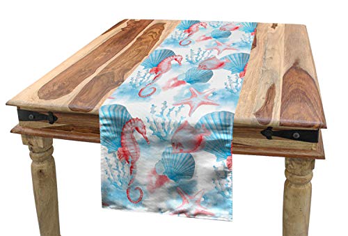 Lunarable Nautical Table Runner, Shells Sea Horse Corals Fish Sandy Beach Exotic Watercolor Effect, Dining Room Kitchen Rectangular Runner, 16" X 72", White Coral #TOP19