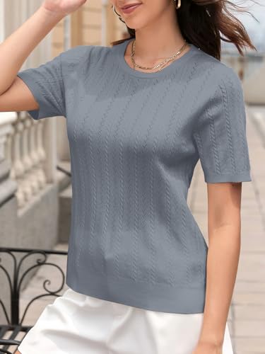Image of SANGTREE Women's Cable Knit Half Sleeve Sweaters, Crew Neck Solid Color Knitted Summer Pullover Tops