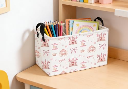 Image of Essme Rectangular Pink Baskets,Girls Storage Box,Cute Basket for Kids with Handles for Room Decor, Book Bins,Shelf Basket.(Castle)