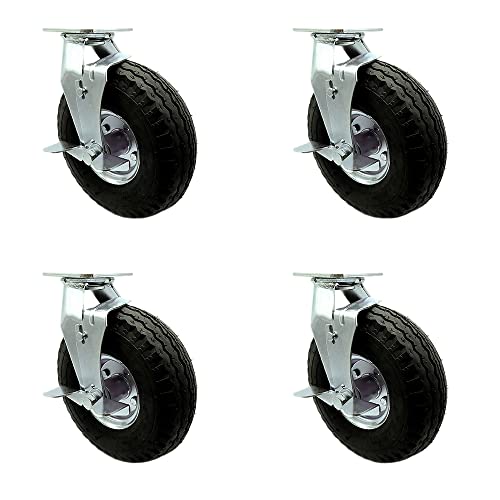 10 Inch Swivel Pneumatic Casters Set of 4 - Black Rubber Wheels - Includes 2 Swivel with Brakes and Bolt on Swivel Locks and 2 Swivel with Brakes - Heavy Duty Casters - Service Caster Brand