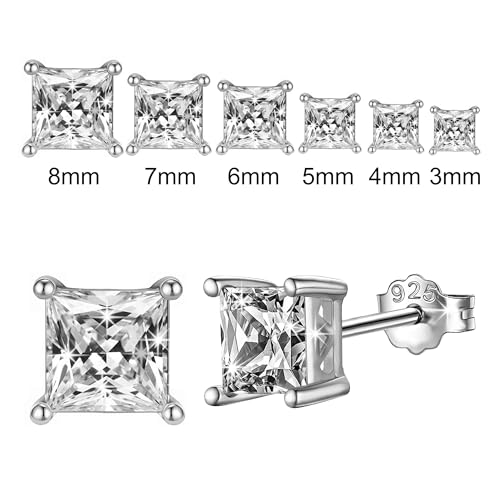 Image of SIVYAA Men's Single White /Black Square Solitaire Diamond Stud Earrings | Pure 925 Sterling Silver | Princess Cut Swiss Cubic Zirconia Ear Tops | Gift Item for Men and Boys | 6 Month Warranty