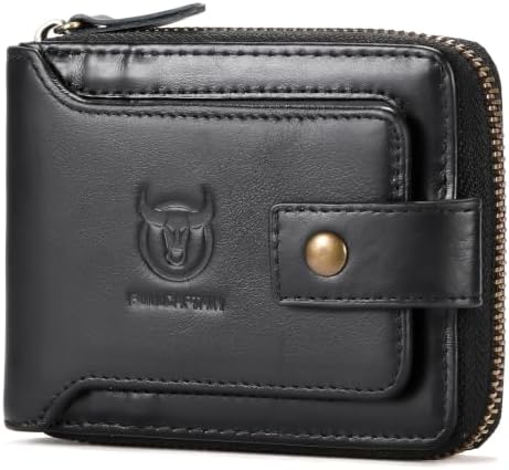 BULLCAPTAIN Genuine Leather Wallet for Men Large Capacity ID Window Card Case with Zip Coin Pocket QB-231 (Black)