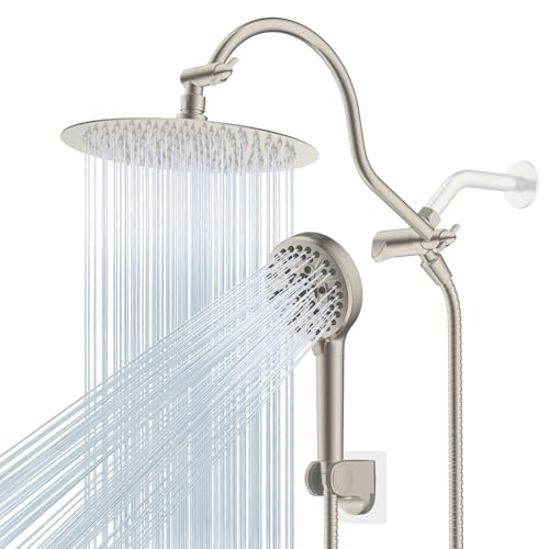 Hibbent All Metal Shower Head, 10'' High Pressure Rainfall Shower Head/Handheld Showerhead Combo/ 12'' Adjustable Curved Shower Extension Arm, 10-Spray, 71'' Adhesive Showerhead Holder, Brushed Nickel