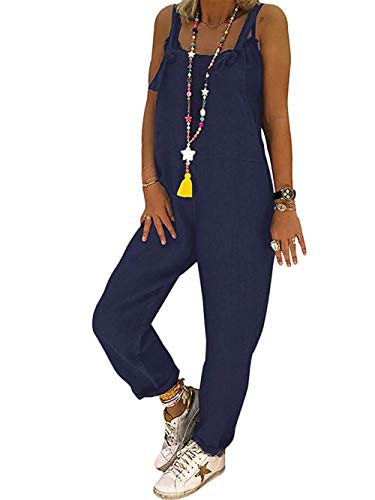 DOTBUY Petos de Pantalones Largos Petos Mujer Verano Elegantes Casual Suelto Talla Grande Jumpsuit Playsuit Bolsillos Mono Pantalón para Premama Embarazada Playa Fiesta (XL,Azul) Cover