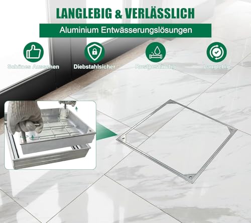 Natotela Schachtabdeckung Alu 500x500x55mm Aluminium Eingebettete Schachtdeckel mit Rahmen EN124 A15 Auspflasterbare Quadratische Kanaldeckel Unsichtbare Inspektionsdeckel für Innen- und Außen Szenen