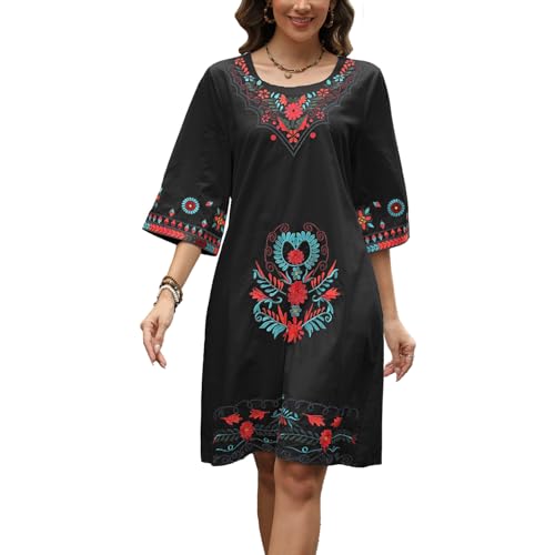 Image of Seasonal Women's Bohemian Embroidered Dress Hippy Vintage Floral 3/4 Sleeve Round Neck Mexican Fancy Dress(787,Black-S)