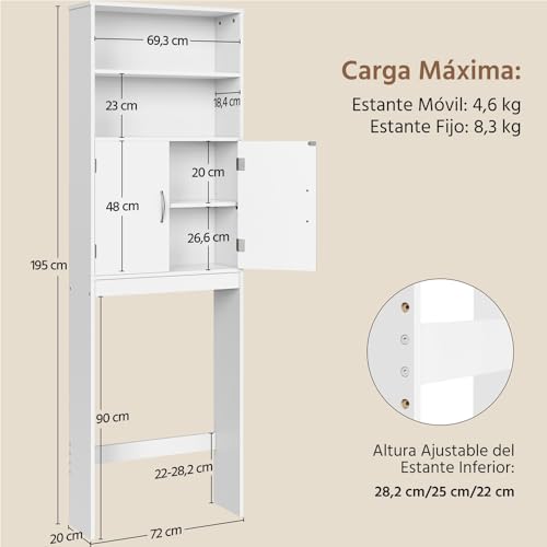 Yaheetech Mueble sobre Inodoro 72x20x195 cm con Estante Ajustable y 2 Puertas Armario para el Inodoro Almacenamiento sobre el Inodoro WC Mueble para Baño - imagen 3