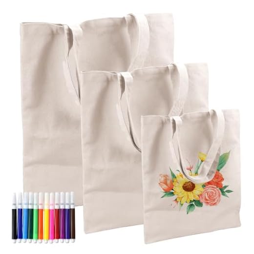 SLTAXAR 3PCS Bolsas de Lona Natural, Bolsa Reutilizable de Tela de 3 Tamaños con 12 Rotuladores, Bolsa Algodón con Asas para Compras, Bolsas Tela para Pintar Escuela Alimentos Manualidades(Beige)