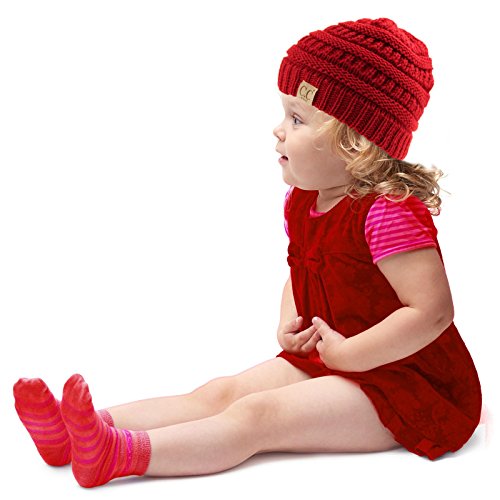 Kids Ages 2-7 Warm Chunky Thick Stretchy Knit Slouch Beanie Skull Hat Red