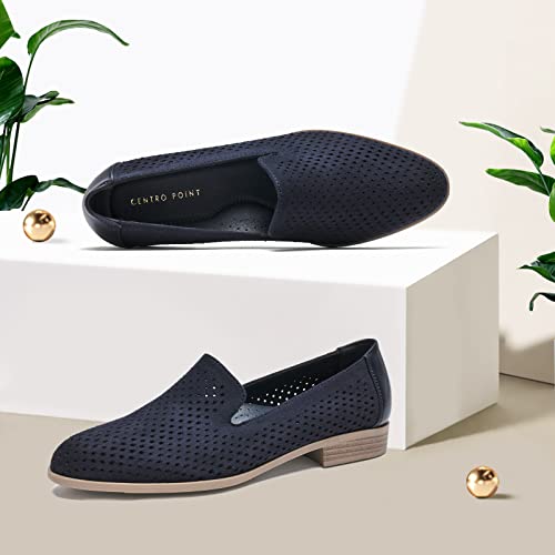 Centropoint Women's Breathable Penny Loafers Low Block Heel Slip-On Shoes Pointed Toe Dress Flats With Hole(Navy Faux Suede, Numeric_8) #TOP4