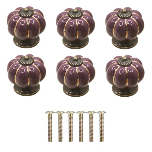 Yuaaoh 6 peças maçanetas cerâmica abóbora, puxadores de porcelana gavetas vintage, alças para móveis com parafusos para armários, gavetas, cozinha, armários, quarto, aparador 4 x 4 x 4 cm (roxo)