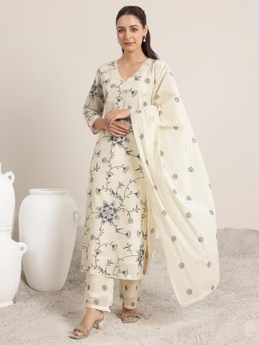 Image of Libas Embroidered Cotton Straight Kurta With Trouser and Dupatta