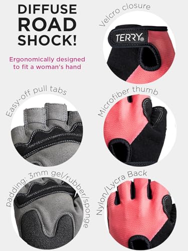 Terry Luvas de ciclismo femininas, T-Gloves femininas acolchoadas de malha de meio dedo, confortávei