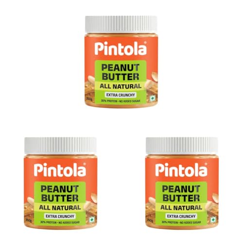 Image of Pintola All Natural Peanut Butter Extra Crunchy 350g |Unsweetened | 30g Protein | Gluten & Cholesterol Free, Vegan Peanut Butter, Nut Butter, High in Protein Spread, 100% Pure Roasted peanuts butter