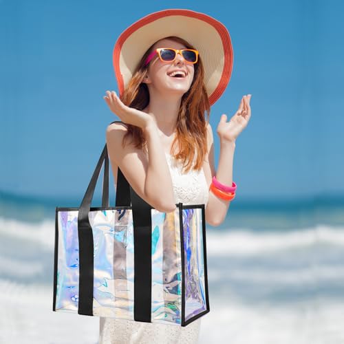 Clear Beach Tote Bag for Women with Phone Pouch, Tip-Proof Iridescent Pool Tote Bag for Swim4