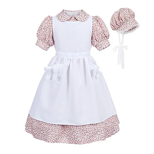 CR ROLECOS Pioneer Dresses for Girls Toddler Pink Floral Prairie Dress Colonial Old Time Costume Bonnet Apron Set M