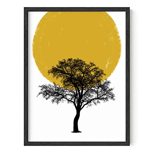 HAUS AND HUES Sun Art Print Yellow Wall Decor Mid Century Modern Wall Decor Scandinavian Wall Art Nordic Wall Art Modern Art Wall Decor Boho Art Prints | UNFRAMED 12” x 16” (Sun and Tree)
